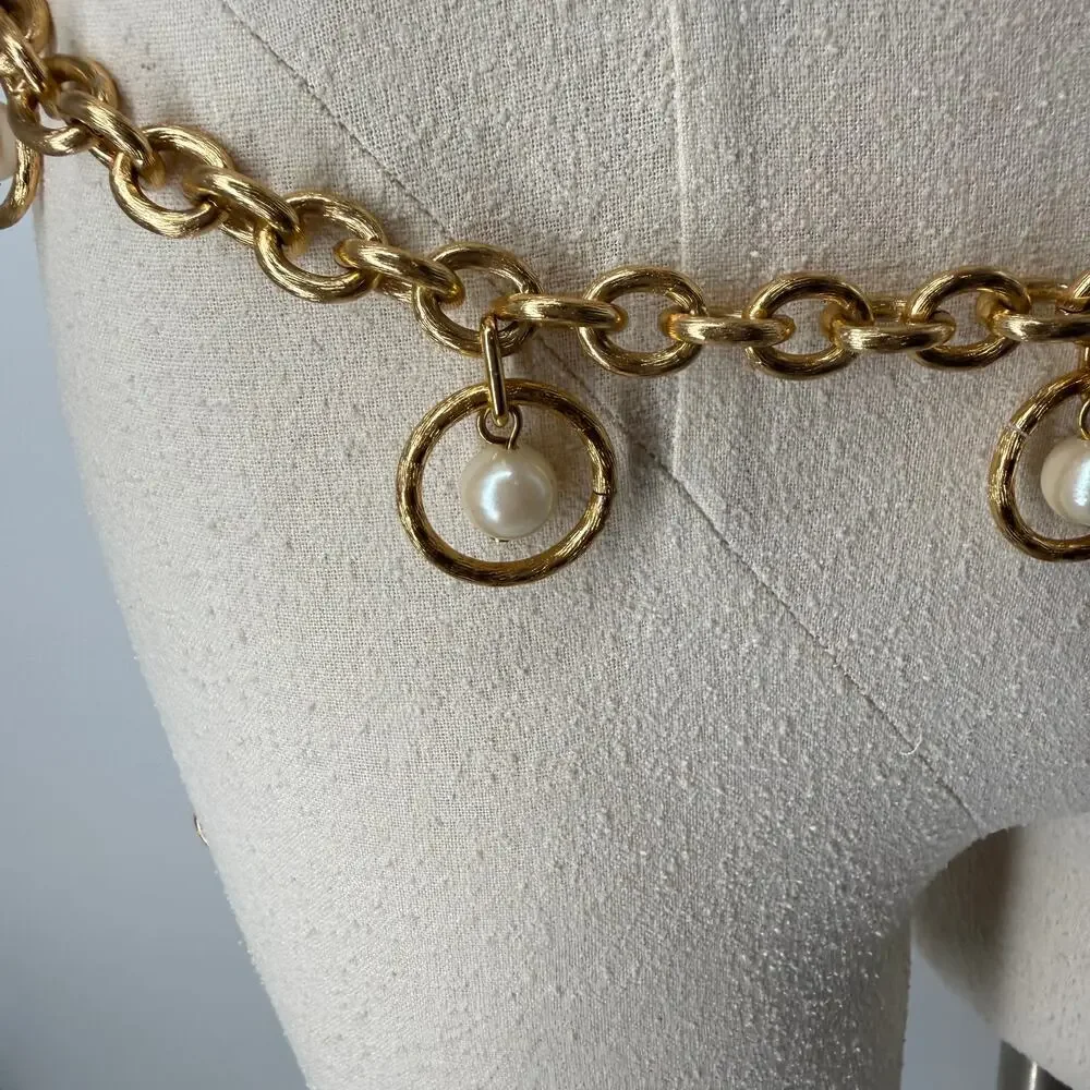 Vintage Style Draped Faux Pearl Gold Toned Chain Belt Chunky Statement